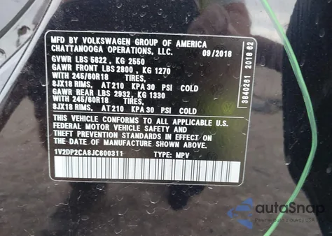 2018 Volkswagen Atlas 2.0T Se/2.0T Se W/Technology из США, поврежденный, VIN 1V2DP2CA8JC600311